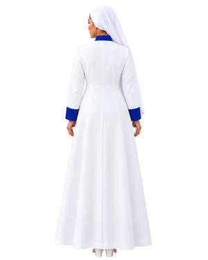 A woman shown from the back wearing a Alice White Clergy Robe With Royal Blue Trim with a matching head covering, a Royal Blue collar, and Royal Blue cuffs, against a plain white background.
