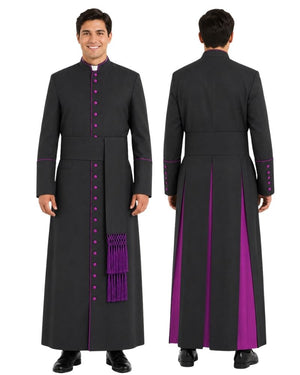 A man modeling a long black clerical cassock shown from the front and back against a plain white background.