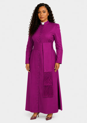 Woman wearing a long purple dress with a matching stole on a white background