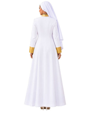 A woman shown from the back wearing a Aria White Clergy Robe With Gold with a matching head covering, a gold collar, and gold cuffs, against a plain white background.
