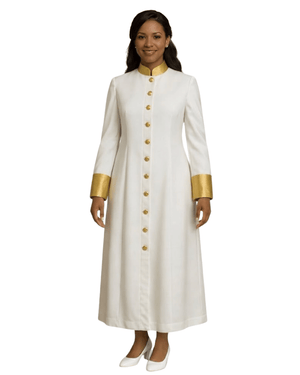 A woman modeling a long white cassock with gold trim at the collar, cuffs, and a row of gold buttons down the front, set against a plain white background.