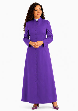 Woman wearing a purple robe with a white background