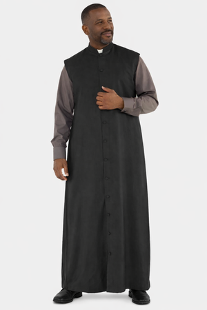 Man wearing a long black robe with a white background