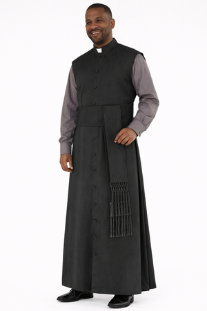 Man wearing a black cassock with a stole on a white background