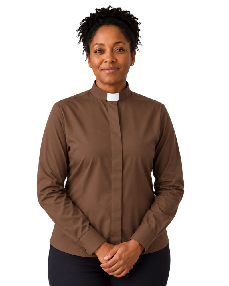 Brown Tab Collar Long Sleeves Clergy Shirt