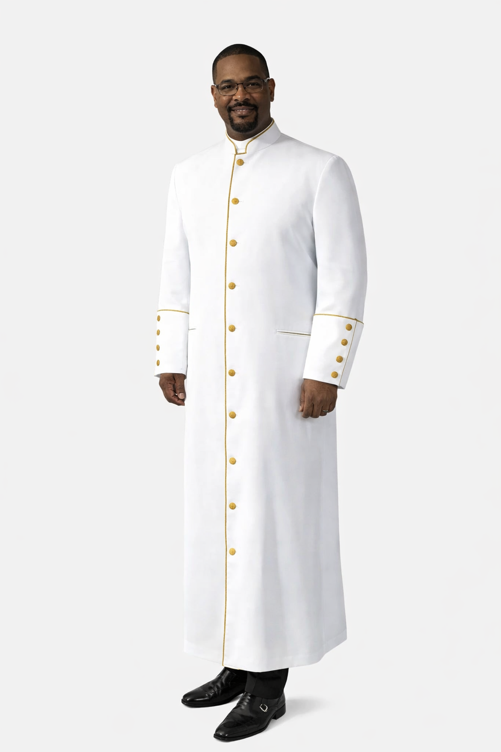 Man wearing a white formal coat with gold buttons on a white background