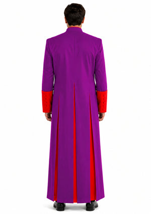 Man wearing a purple robe with red accents on a white background