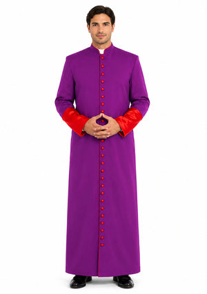 Man wearing purple robe with the red trim on the white background