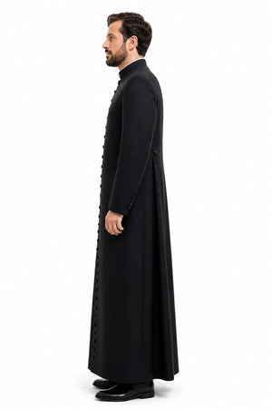 Man wearing a long black robe on a white background
