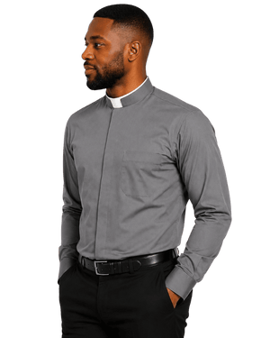 A man wearing a gray long-sleeve clerical shirt with a white collar, paired with black trousers and a black belt, shown in a side-profile view against a plain white background.