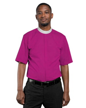 Man wearing a Purple shirt with a white collar on a light gray background