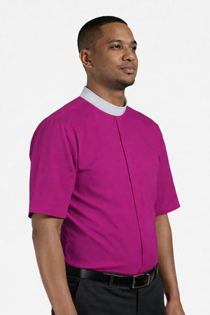 Man wearing a Purple shirt with a white collar on a light gray background
