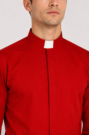 Red clerical shirt with a white collar on a white background