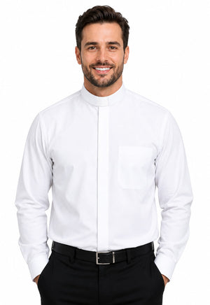 Man wearing a white dress shirt and black pants on a white background