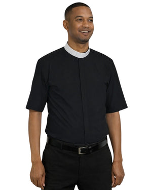 Man wearing a black shirt with a white collar on a white background