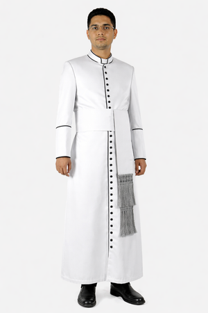 Man wearing a white traditional outfit with a sash on a white background