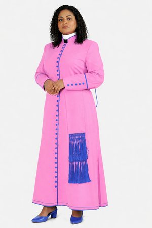 Woman wearing a pink robe with blue accents on a white background