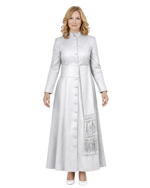 A woman modeling a long-sleeved, cassock in a light silver-gray color. The dress features a button-down front, a matching waist belt on white background.
