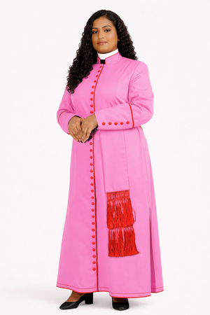 Woman wearing a pink traditional outfit with red accents on a white background