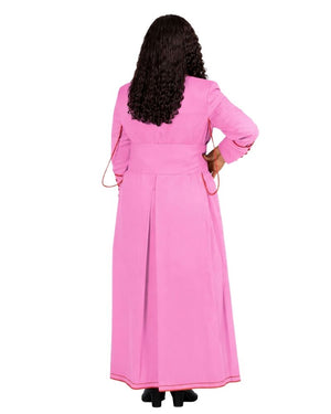 A women shown from the back wearing a long bright pink robe or dress with a waist tie and long sleeves, photographed against a plain white background.