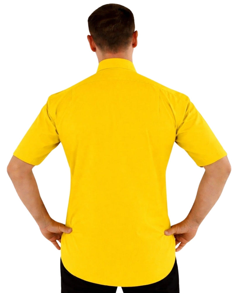 Man wearing a yellow clerical shirt on a white background