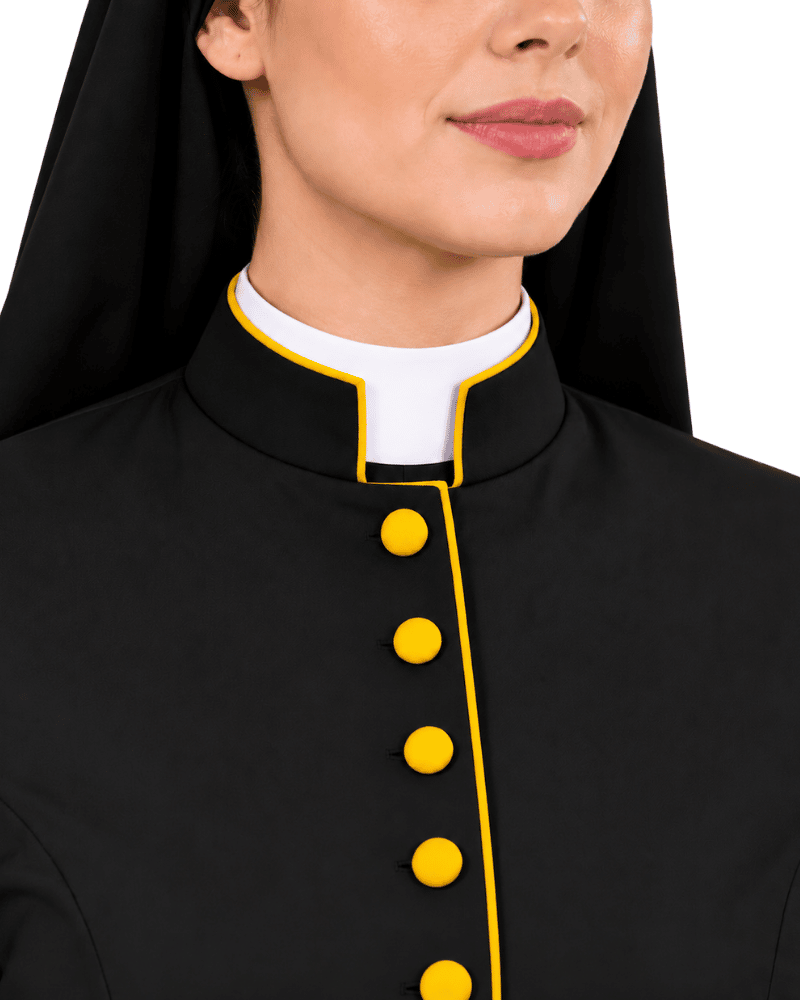 Close-up of a woman wearing a Golden Grace Roman Cassock with a white collar and Golden trim and Golden buttons, against a plain white background.