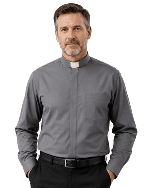 A man wearing a long-sleeve gray clerical shirt with a white collar, paired with black trousers and a black belt, shown against a plain white background.