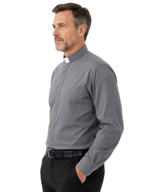 A man in profile wearing a long-sleeve gray clerical shirt with a white clerical collar, paired with black trousers and a black belt, against a plain white background.