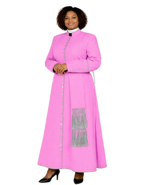A woman modeling a bright pink clerical cassock with gray buttons, a white collar, and a silver fringe detail on the front, set against a plain white background.