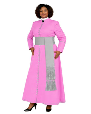 A woman modeling a pink long-sleeve cassock with a wide gray waist sash and a matching gray fringed scarf, paired with black heels against a plain white background.