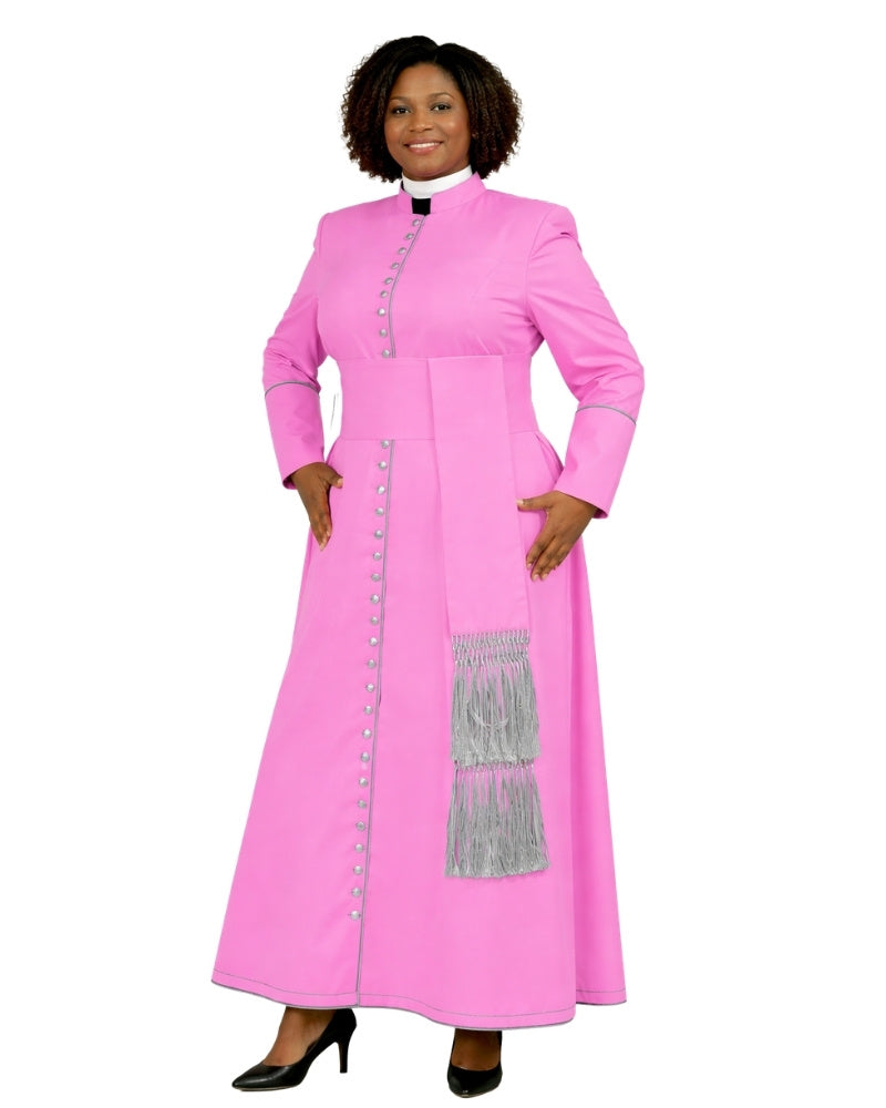 A woman modeling a bright pink long-sleeve cassock with a high collar, decorative gray buttons, and a gray fringe panel on the front, shown against a plain white background.