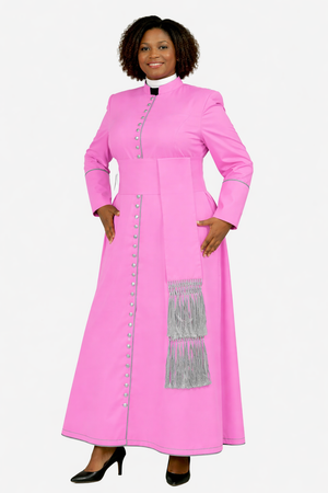Woman wearing a pink robe with on a white background