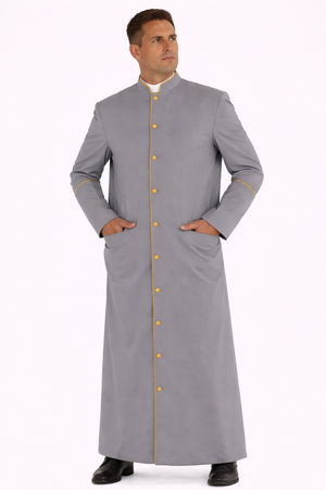 Man wearing a long gray robe with yellow buttons on a white background
