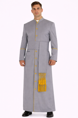 Man wearing a gray robe with yellow accents on a white background