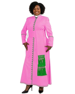 A woman modeling a bright pink long-sleeve cassock with green trim, decorative green buttons, and a green fringe panel on the front, set against a plain white background.