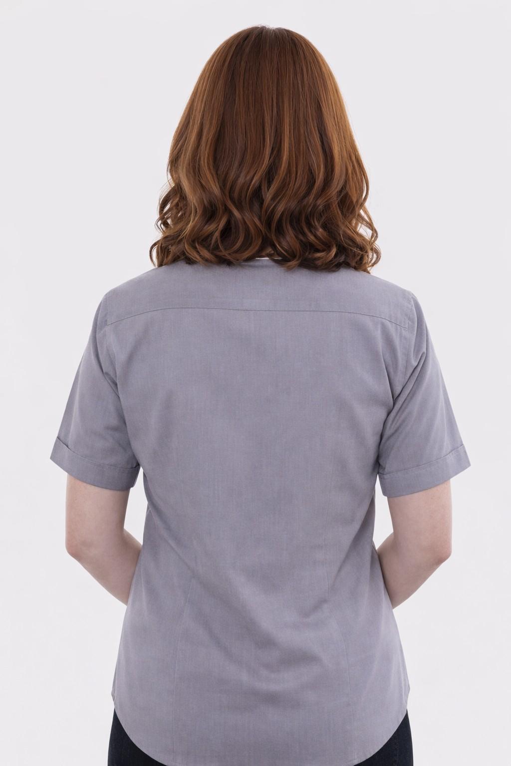 women wearing a gray shirt from behind on a white background