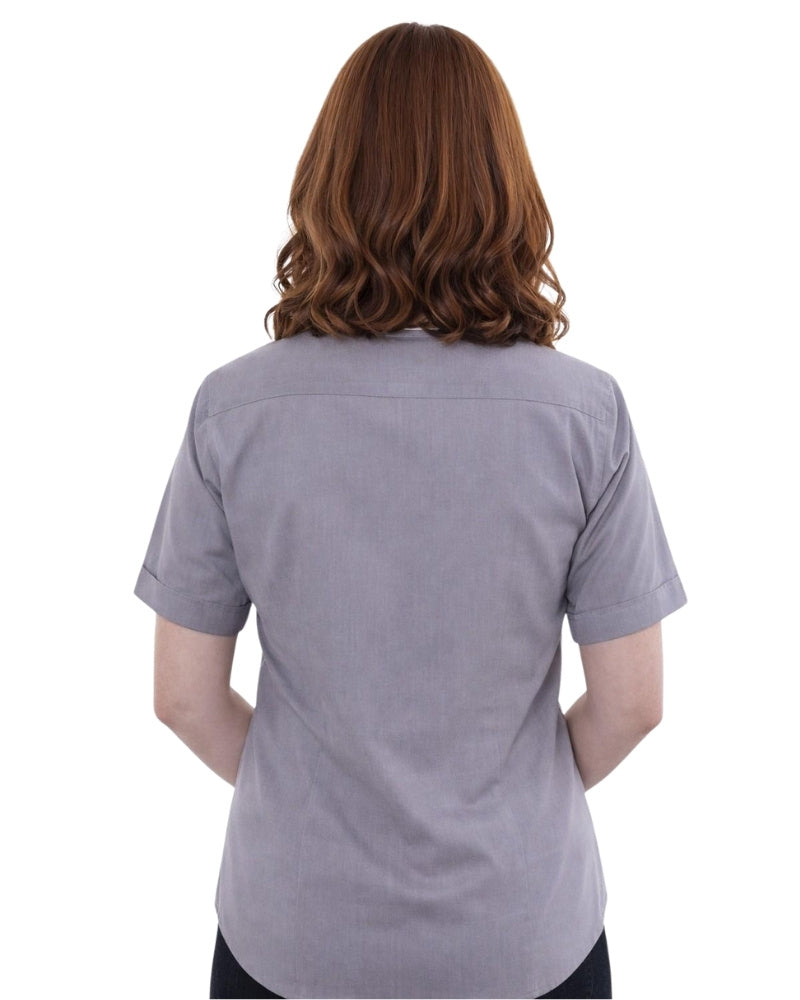 women wearing grey clerical shirt on white background.