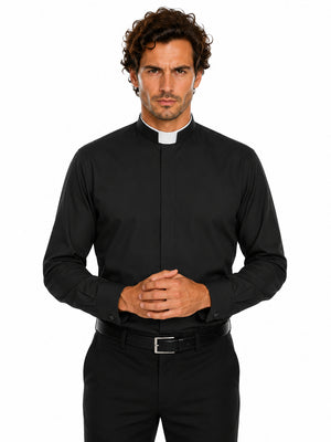 Man wearing a black clerical shirt with a white collar on a white background