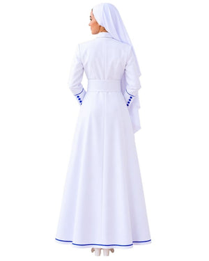 A woman shown from the back wearing a White Anglican Cassock with blue trim details, photographed against a plain white studio background.