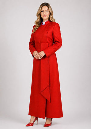 Woman wearing a red cassock on a white background