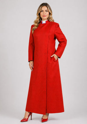 Woman wearing a red cassock on a white background