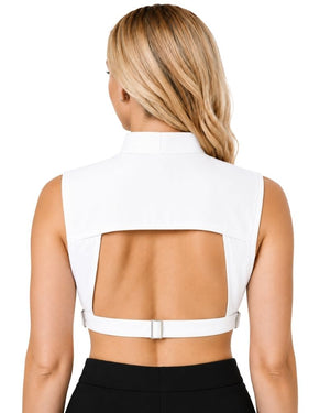 A woman shown from the back wearing a white sleeveless clergy dickey and a wide back cutout secured by a belt, paired with black bottoms against a plain white background.