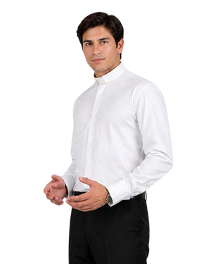 Man wearing a white dress shirt and black pants on a white background