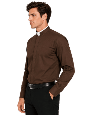 A man wearing a brown long-sleeve clerical shirt with a white clerical collar, paired with black trousers and a black belt, shown in profile against a plain white background.