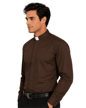A man wearing a dark brown long-sleeve clerical shirt with a white clerical collar, paired with black trousers and a black belt, shown in a side-profile view against a plain white background.
