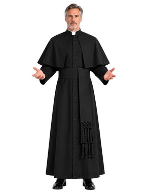 A man modeling a black priest cassock with a long robe, matching cape, and a white collar, set against a plain white background.