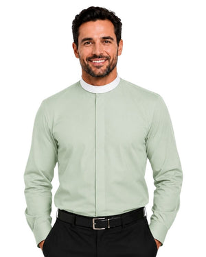 A smiling man wearing a light sage green long-sleeve clerical shirt with a white collar, paired with black trousers and a black belt, against a plain white background.