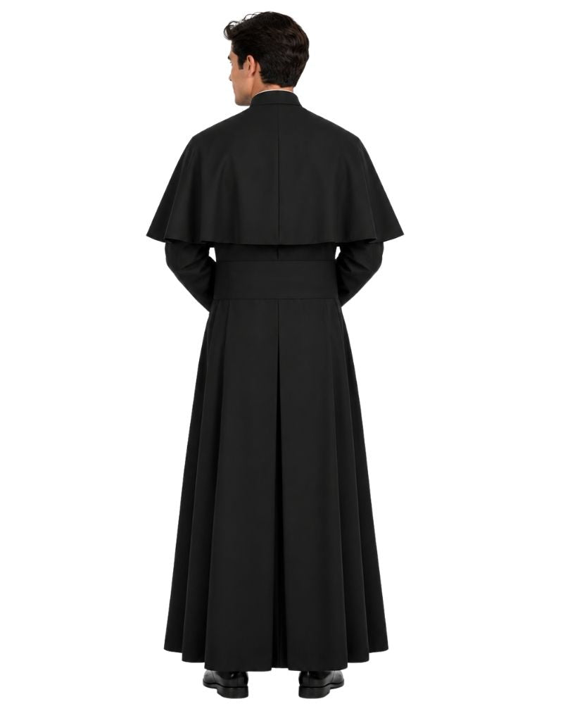 A man viewed from the back wearing Obsidian Black Roman House Cassock with a wide collar and long sleeves, standing against a plain white background.
