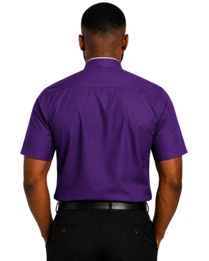 A man viewed from the back wearing a purple short-sleeve clerical shirt tucked into black trousers, set against a plain white background.