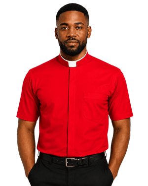 A man wearing a bright red short-sleeve clerical shirt with a white collar, paired with black trousers and a black belt, set against a plain white background.